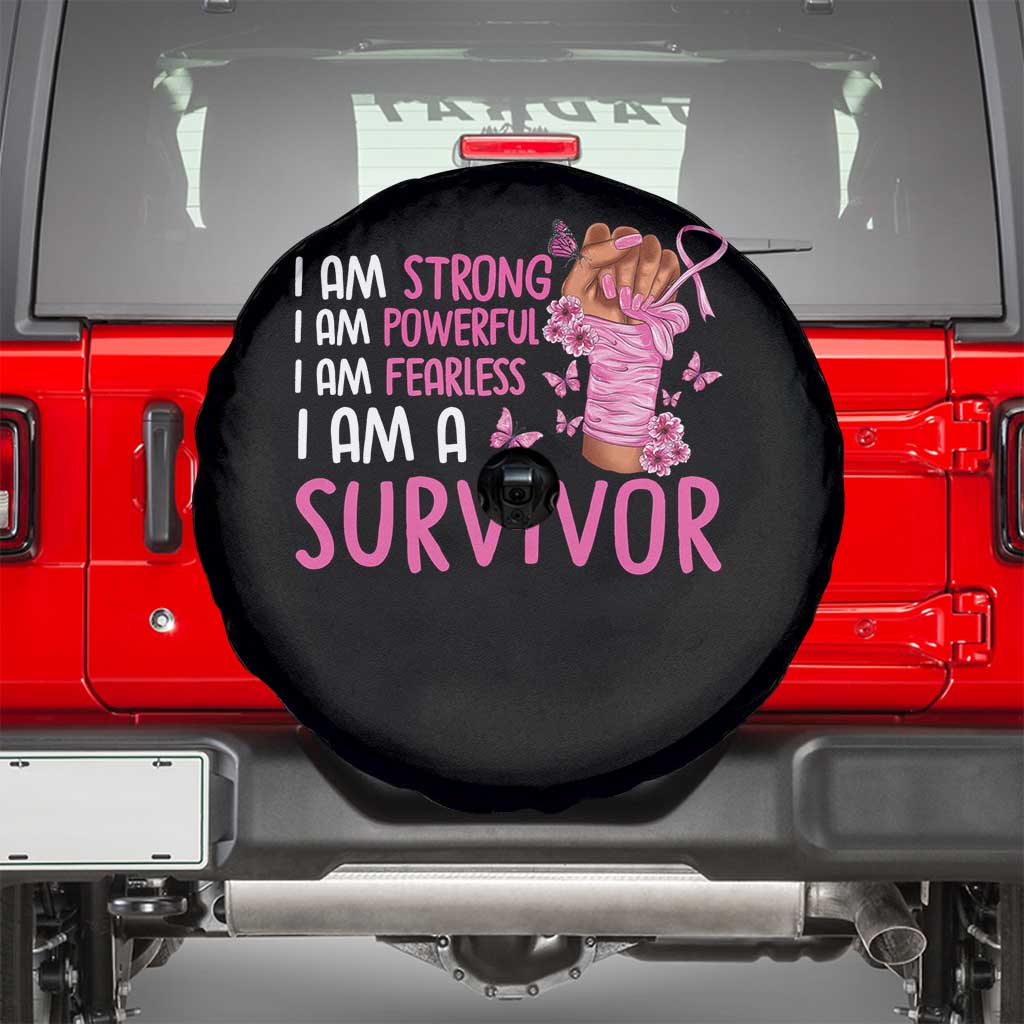 Pink Breast Cancer Spare Tire Cover I Am A Survivor Strong Powerful Fearless TS09 Black Print Your Wear