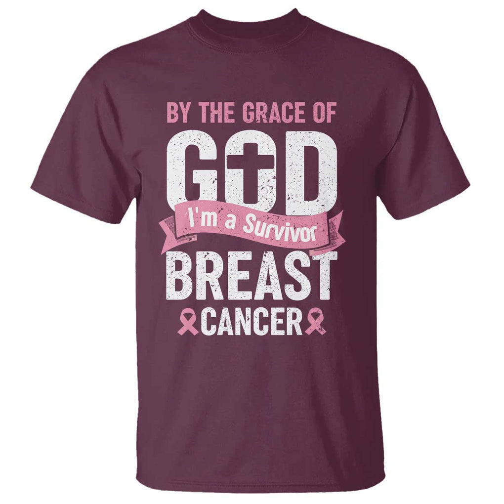 Breast Cancer T Shirt By The Grace Of God I'm A Survivor TS09 Maroon Print Your Wear