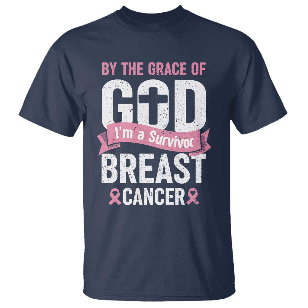 Breast Cancer T Shirt By The Grace Of God I'm A Survivor TS09 Navy Print Your Wear