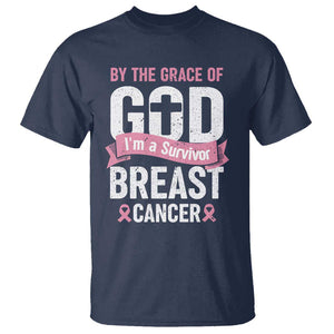 Breast Cancer T Shirt By The Grace Of God I'm A Survivor TS09 Navy Print Your Wear