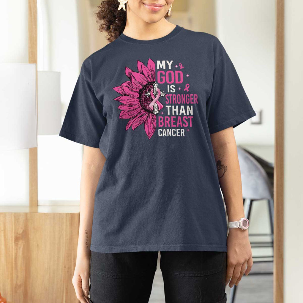 My God Is Stronger Than Breast Cancer T Shirt For Women Christian Sunflower American Flag TS09 Navy Print Your Wear