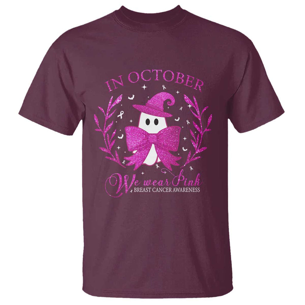 Breast Cancer Halloween T Shirt In October We Wear Pink Cute Pink Ghost TS09 Maroon Print Your Wear