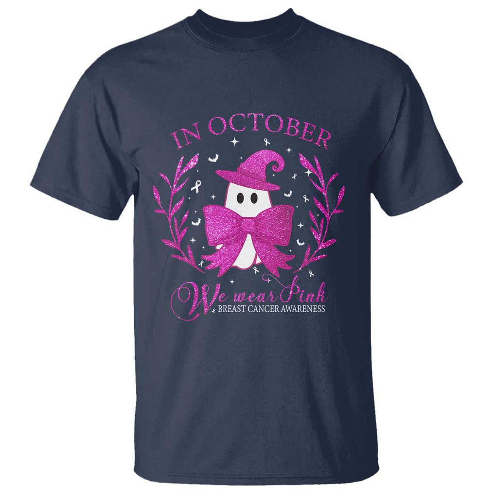 Breast Cancer Halloween T Shirt In October We Wear Pink Cute Pink Ghost TS09 Navy Print Your Wear