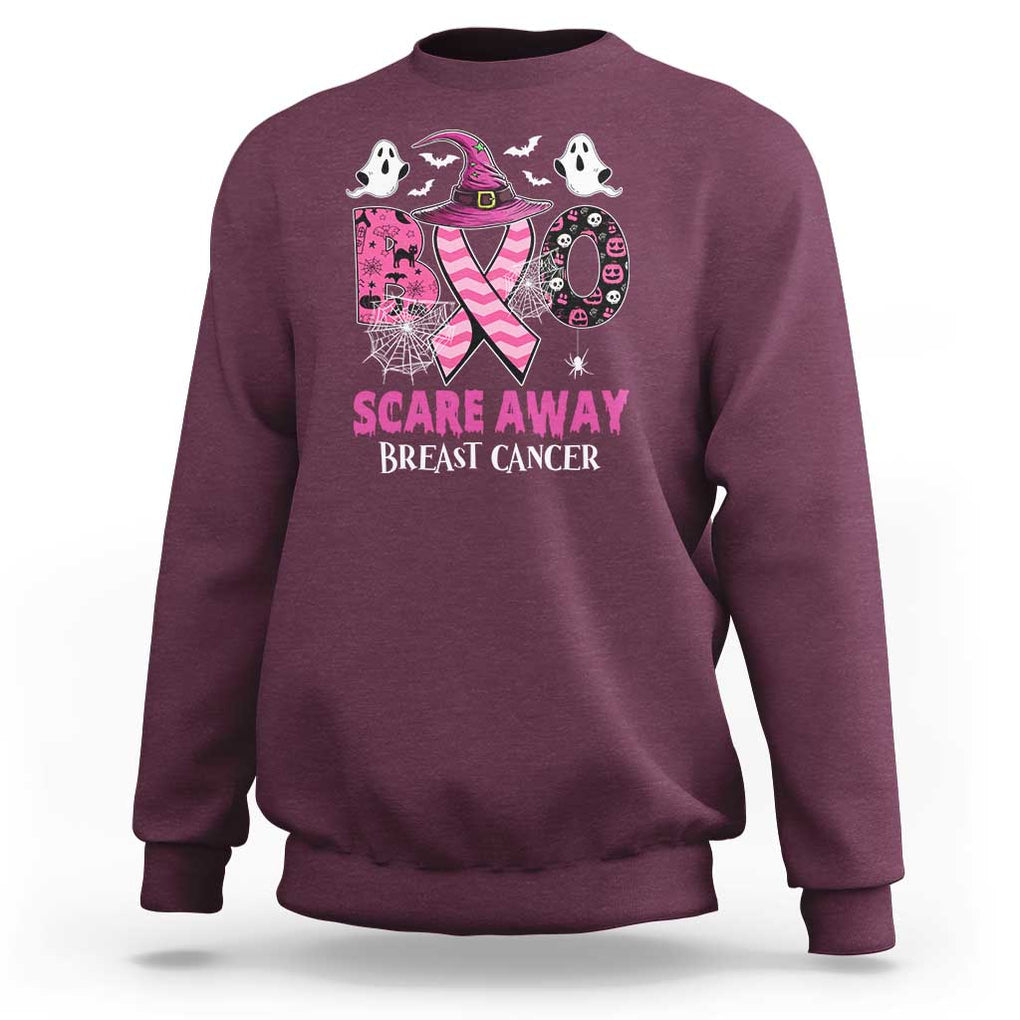 Pink Breast Cancer Halloween Sweatshirt Boo Scare Away Pink Ribbon Witch TS09 Maroon Print Your Wear