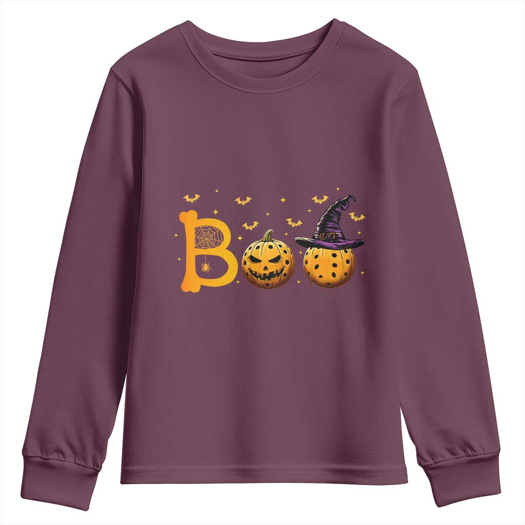Halloween Pickleball Youth Sweatshirt Boo Pickle Ball Witch Pumpkin TS09 Maroon Print Your Wear