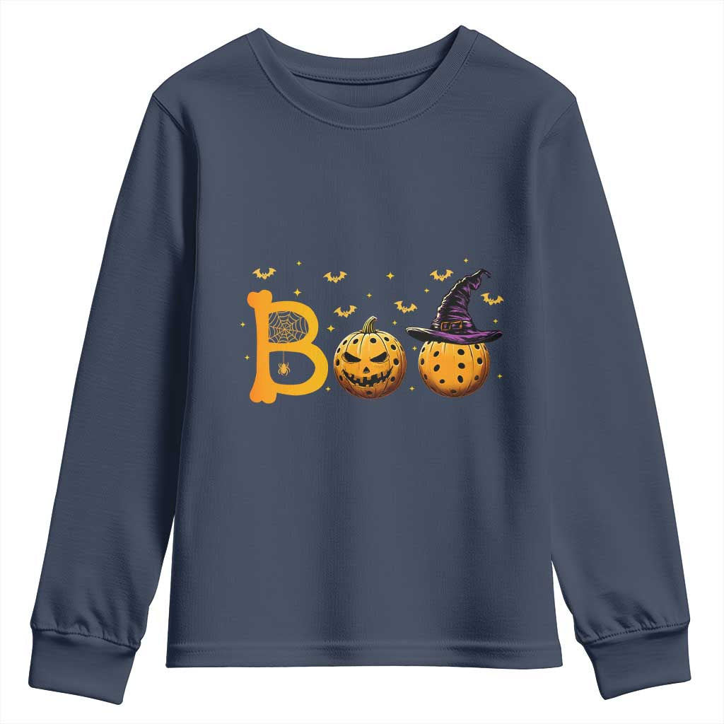 Halloween Pickleball Youth Sweatshirt Boo Pickle Ball Witch Pumpkin TS09 Navy Print Your Wear