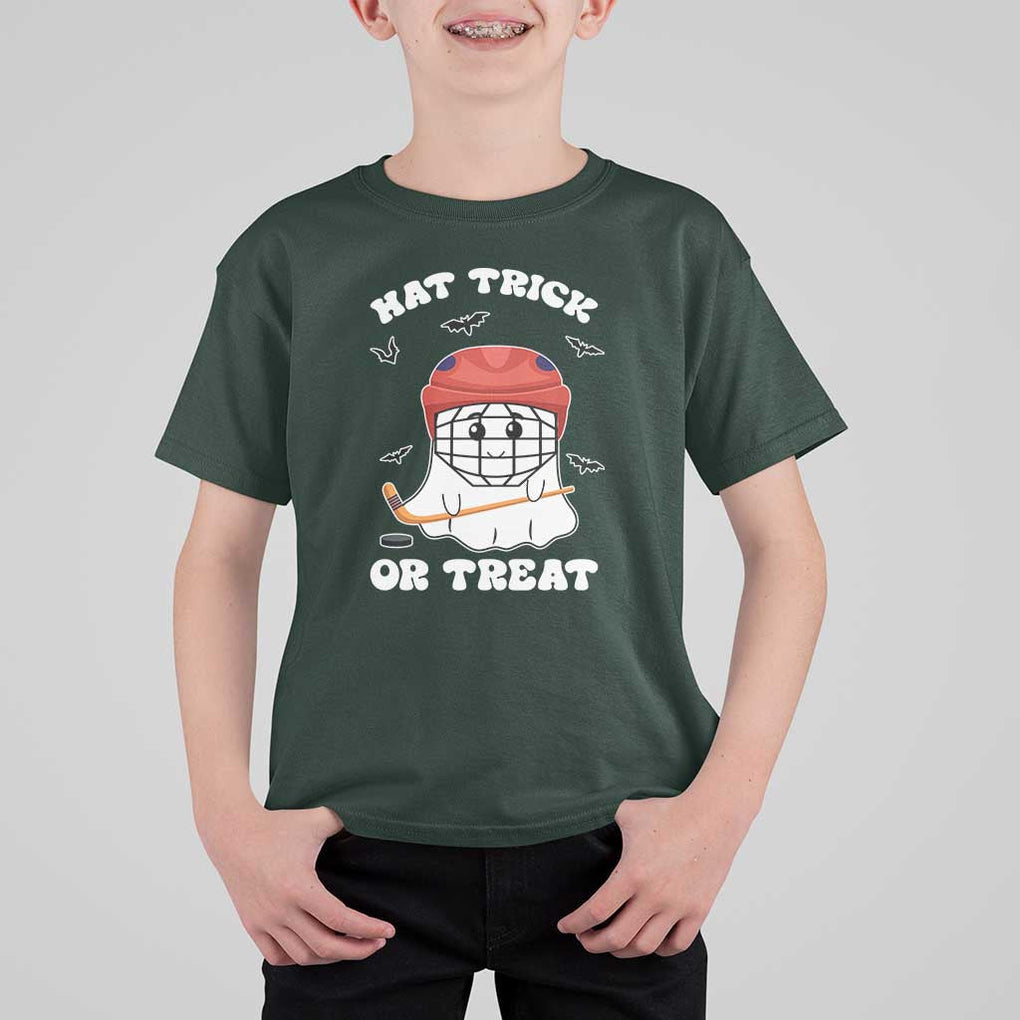 Halloween Hockey T Shirt For Kid Hat Trick Or Treat Ghost Player TS09 Dark Forest Green Print Your Wear