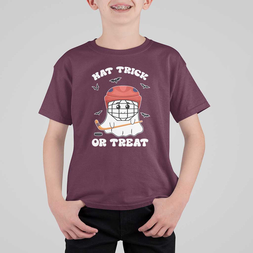 Halloween Hockey T Shirt For Kid Hat Trick Or Treat Ghost Player TS09 Maroon Print Your Wear