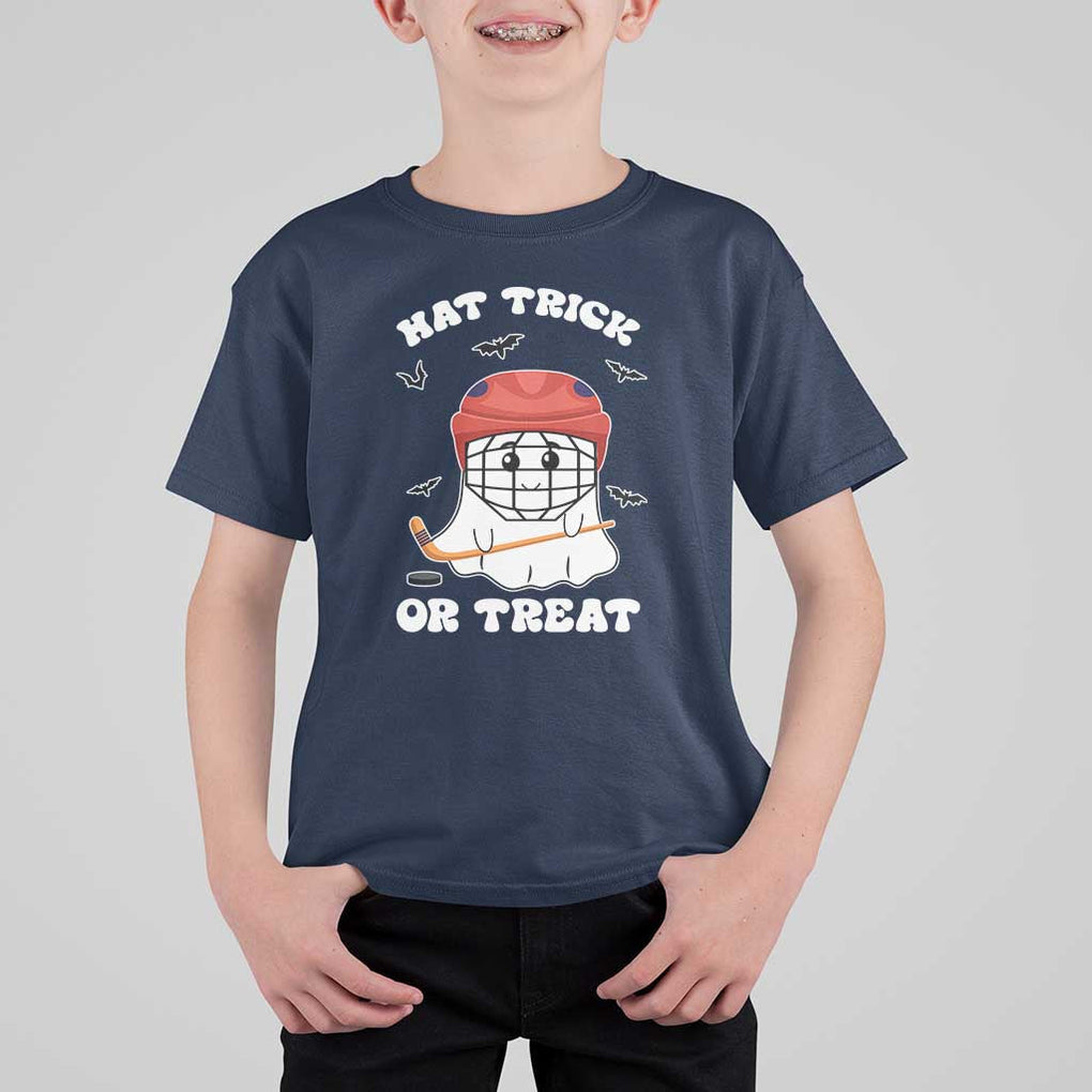 Halloween Hockey T Shirt For Kid Hat Trick Or Treat Ghost Player TS09 Navy Print Your Wear