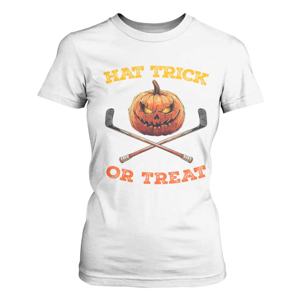 Halloween Hockey T Shirt For Women Hat Trick Or Treat Pumpkin Player TS09 White Print Your Wear