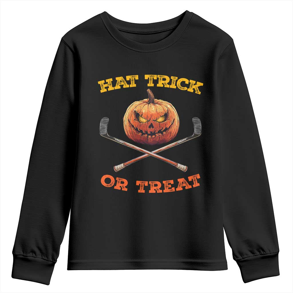 Halloween Hockey Youth Sweatshirt Hat Trick Or Treat Pumpkin Player TS09 Black Print Your Wear