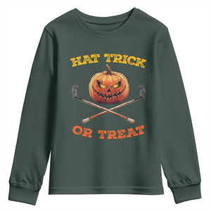 Halloween Hockey Youth Sweatshirt Hat Trick Or Treat Pumpkin Player TS09 Dark Forest Green Print Your Wear