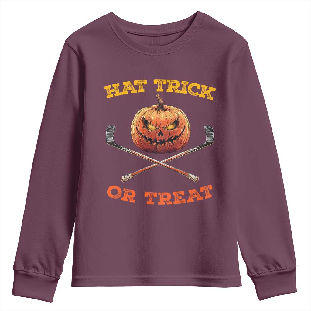 Halloween Hockey Youth Sweatshirt Hat Trick Or Treat Pumpkin Player TS09 Maroon Print Your Wear