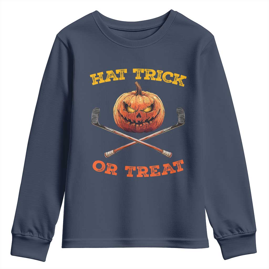 Halloween Hockey Youth Sweatshirt Hat Trick Or Treat Pumpkin Player TS09 Navy Print Your Wear