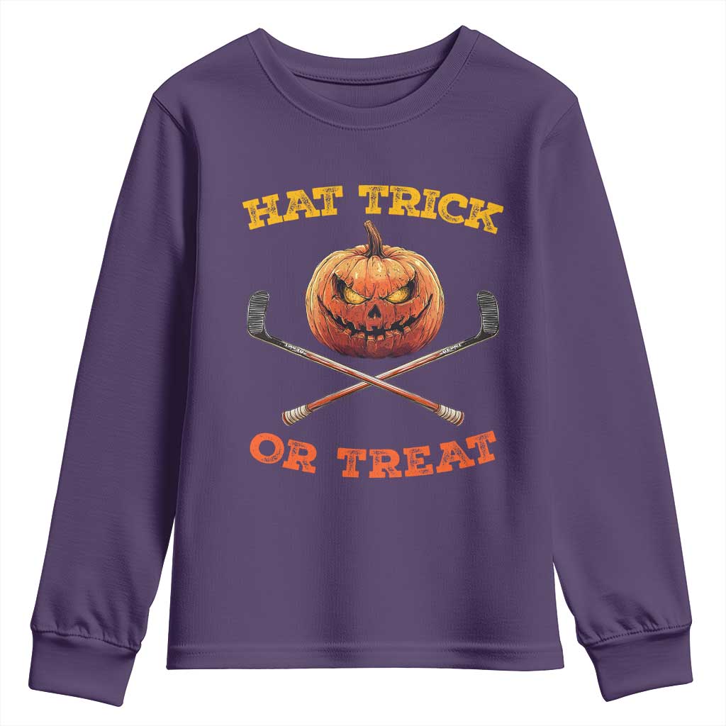 Halloween Hockey Youth Sweatshirt Hat Trick Or Treat Pumpkin Player TS09 Purple Print Your Wear