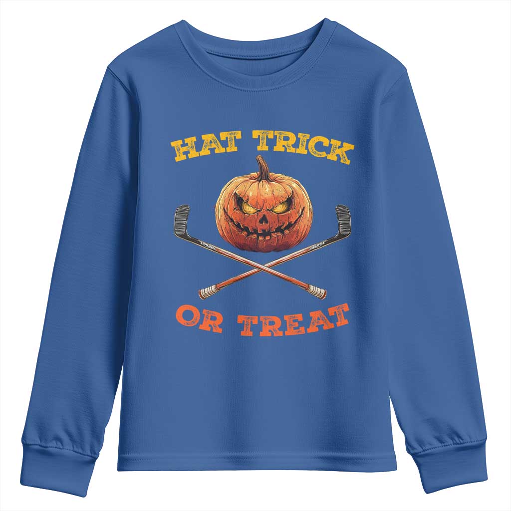 Halloween Hockey Youth Sweatshirt Hat Trick Or Treat Pumpkin Player TS09 Royal Blue Print Your Wear