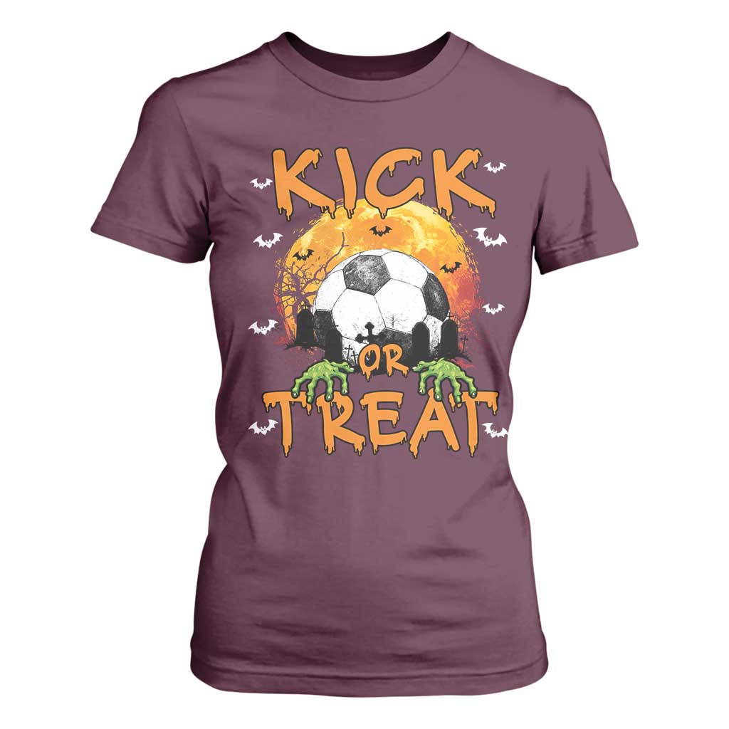 Halloween Soccer T Shirt For Women Kick Or Treat Spooky Season TS09 Maroon Print Your Wear