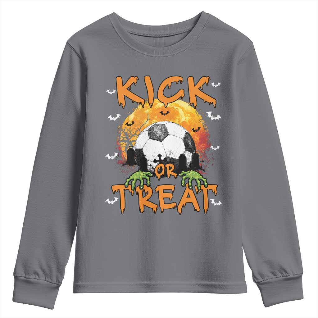 Halloween Soccer Youth Sweatshirt Kick Or Treat Spooky Season TS09 Charcoal Print Your Wear