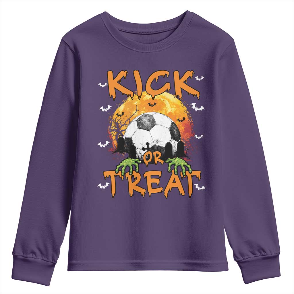 Halloween Soccer Youth Sweatshirt Kick Or Treat Spooky Season TS09 Purple Print Your Wear