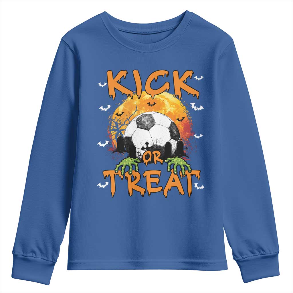 Halloween Soccer Youth Sweatshirt Kick Or Treat Spooky Season TS09 Royal Blue Print Your Wear