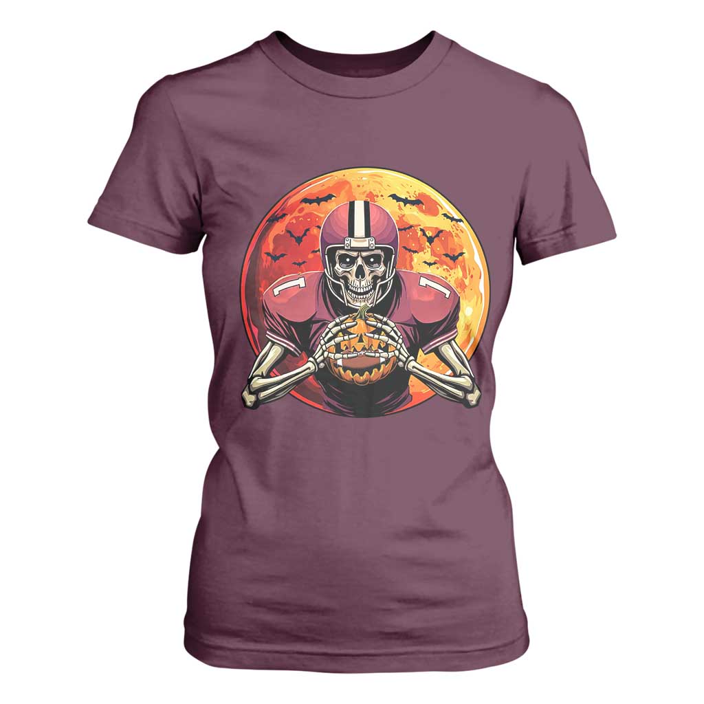 Halloween Football T Shirt For Women Spooky Skeleton Player TS09 Maroon Print Your Wear