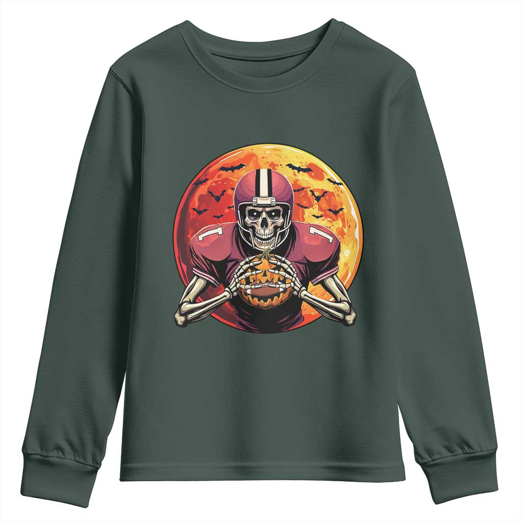 Halloween Football Youth Sweatshirt Spooky Skeleton Player TS09 Dark Forest Green Print Your Wear