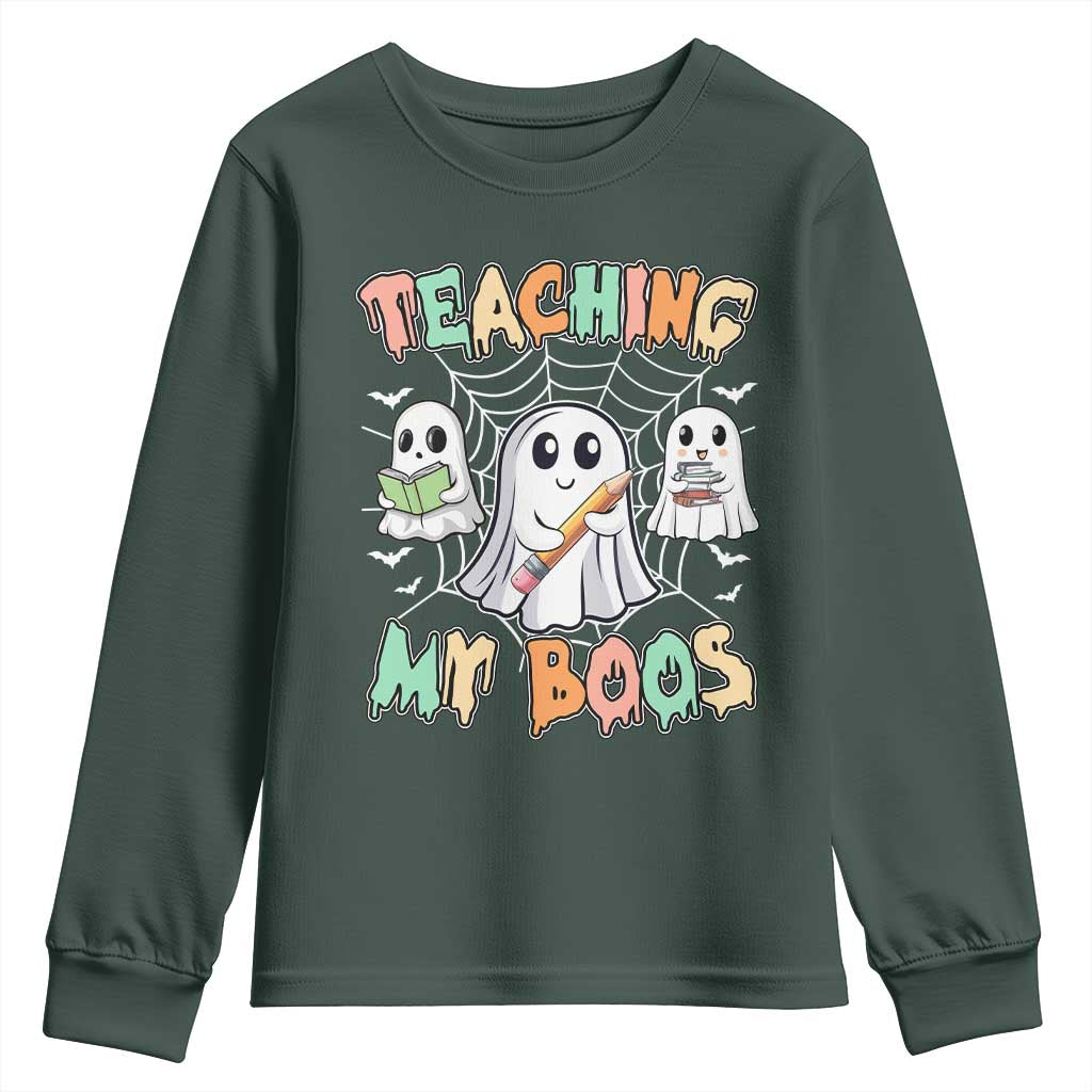 Teacher Halloween Youth Sweatshirt Teaching My Boos Cute Ghost TS09 Dark Forest Green Print Your Wear