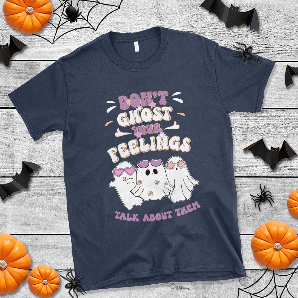 School Counselor Halloween T Shirt Don't Ghost Your Feelings Spooky Mental Health TS09 Navy Print Your Wear