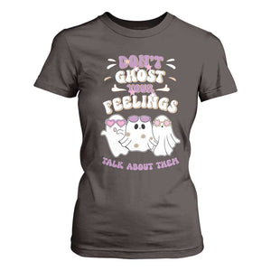 School Counselor Halloween T Shirt For Women Don't Ghost Your Feelings Spooky Mental Health TS09 Dark Chocolate Print Your Wear