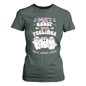 School Counselor Halloween T Shirt For Women Don't Ghost Your Feelings Spooky Mental Health TS09 Dark Forest Green Print Your Wear