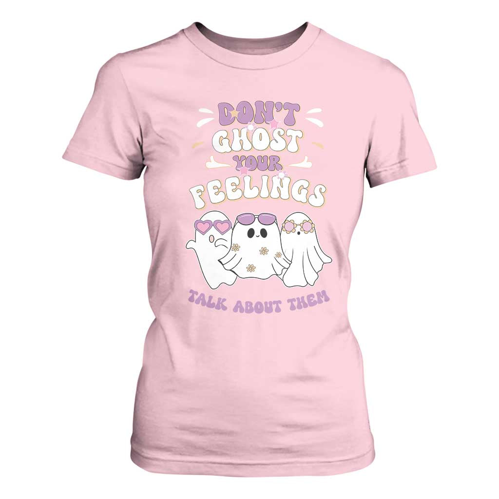 School Counselor Halloween T Shirt For Women Don't Ghost Your Feelings Spooky Mental Health TS09 Light Pink Print Your Wear