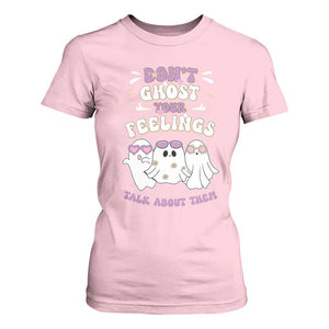 School Counselor Halloween T Shirt For Women Don't Ghost Your Feelings Spooky Mental Health TS09 Light Pink Print Your Wear