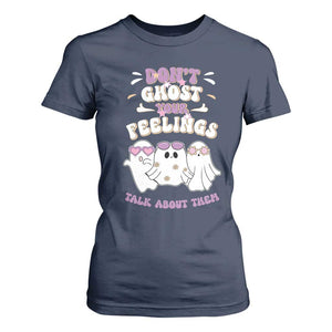 School Counselor Halloween T Shirt For Women Don't Ghost Your Feelings Spooky Mental Health TS09 Navy Print Your Wear