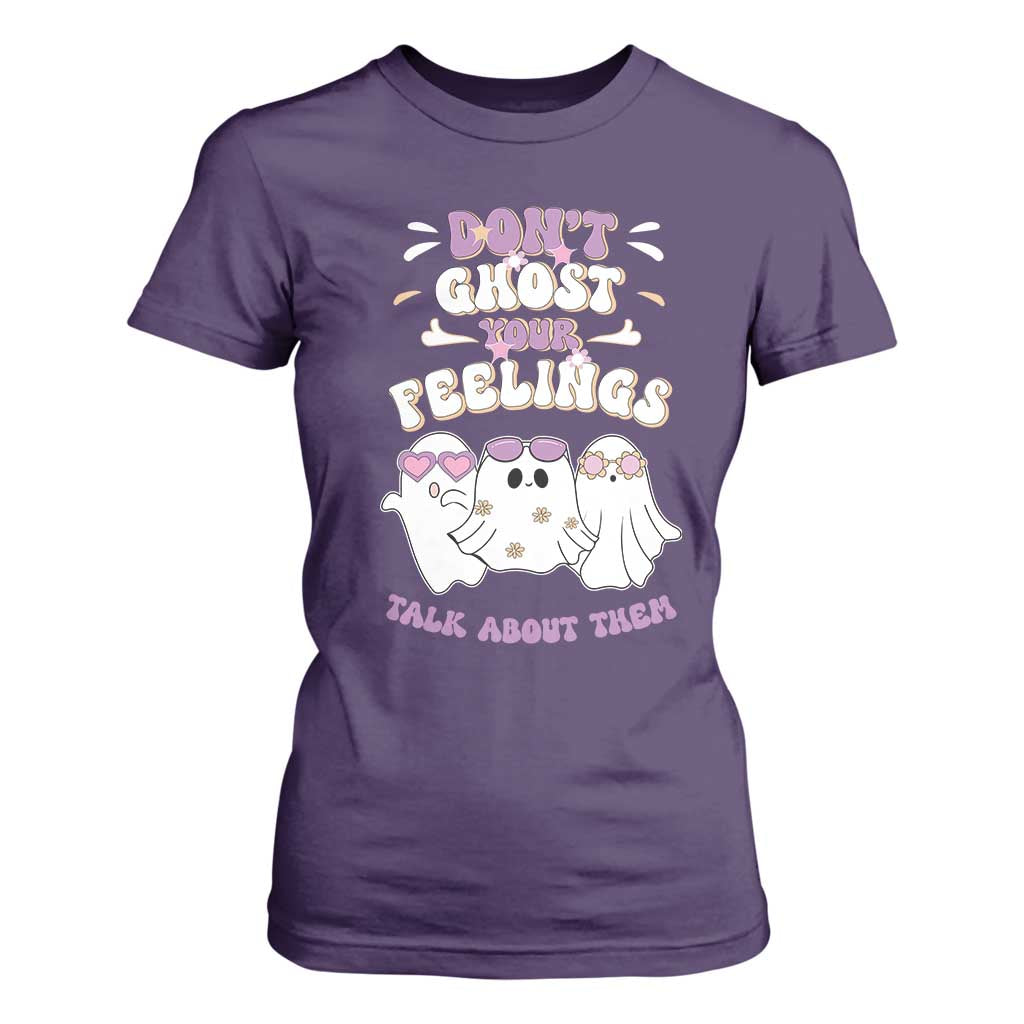 School Counselor Halloween T Shirt For Women Don't Ghost Your Feelings Spooky Mental Health TS09 Purple Print Your Wear