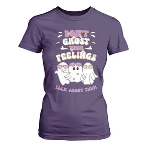 School Counselor Halloween T Shirt For Women Don't Ghost Your Feelings Spooky Mental Health TS09 Purple Print Your Wear