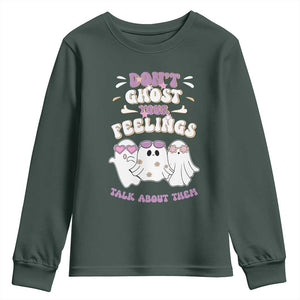 School Counselor Halloween Youth Sweatshirt Don't Ghost Your Feelings Spooky Mental Health TS09 Dark Forest Green Print Your Wear