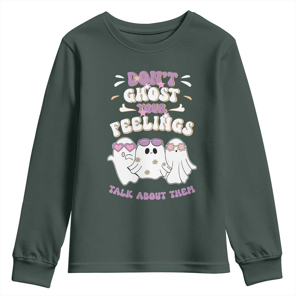School Counselor Halloween Youth Sweatshirt Don't Ghost Your Feelings Spooky Mental Health TS09 Dark Forest Green Print Your Wear