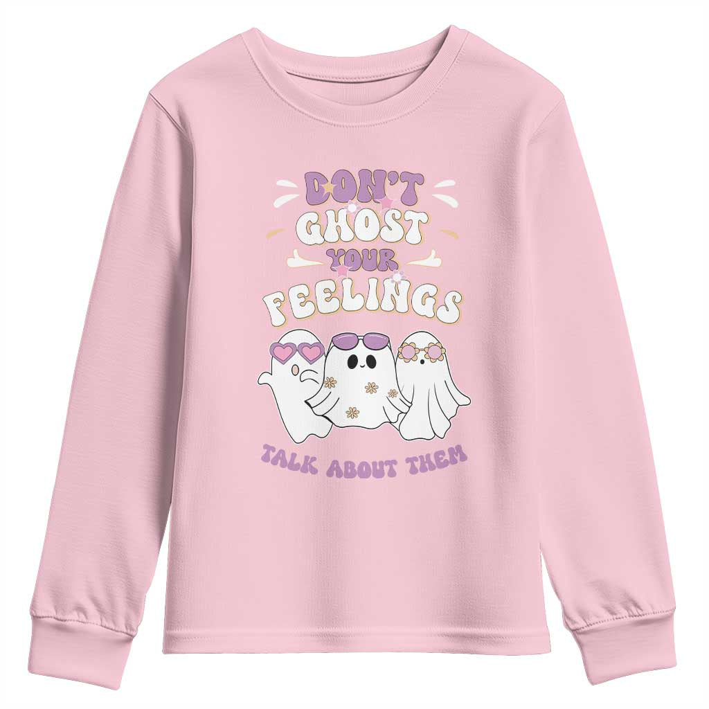 School Counselor Halloween Youth Sweatshirt Don't Ghost Your Feelings Spooky Mental Health TS09 Light Pink Print Your Wear