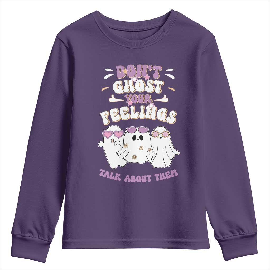 School Counselor Halloween Youth Sweatshirt Don't Ghost Your Feelings Spooky Mental Health TS09 Purple Print Your Wear
