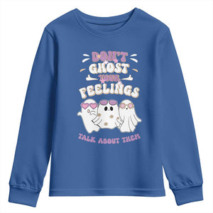 School Counselor Halloween Youth Sweatshirt Don't Ghost Your Feelings Spooky Mental Health TS09 Royal Blue Print Your Wear