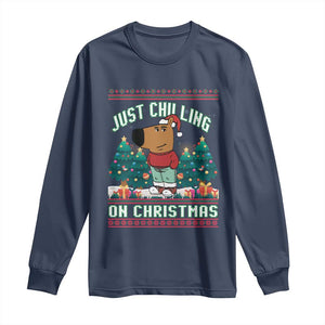 Funny Chillin Guy Just Chilling On Christmas Viral Meme Long Sleeve Shirt TS09 Navy Print Your Wear