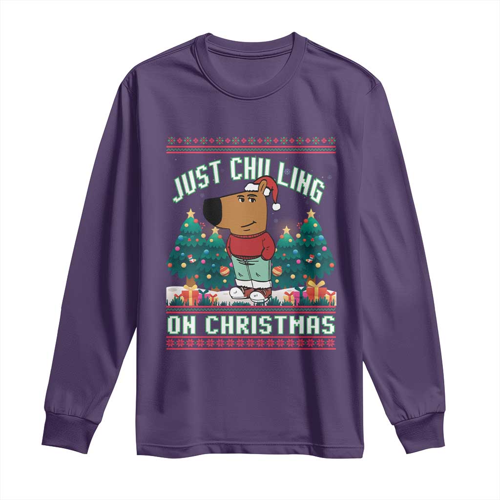 Funny Chillin Guy Just Chilling On Christmas Viral Meme Long Sleeve Shirt TS09 Purple Print Your Wear