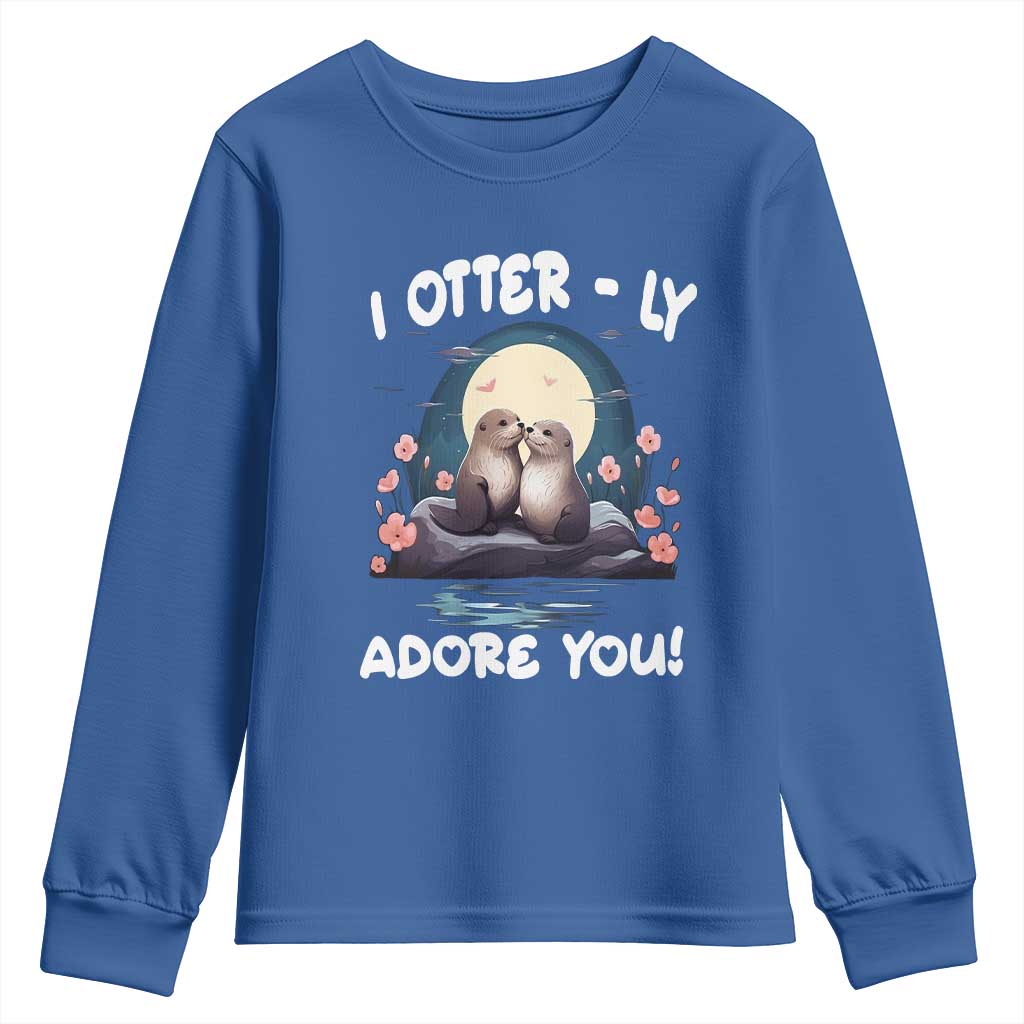 Valentine's Day Youth Sweatshirt I Otterly Adore You Cute Otter Holding Hand Kisses TS09 Royal Blue Print Your Wear