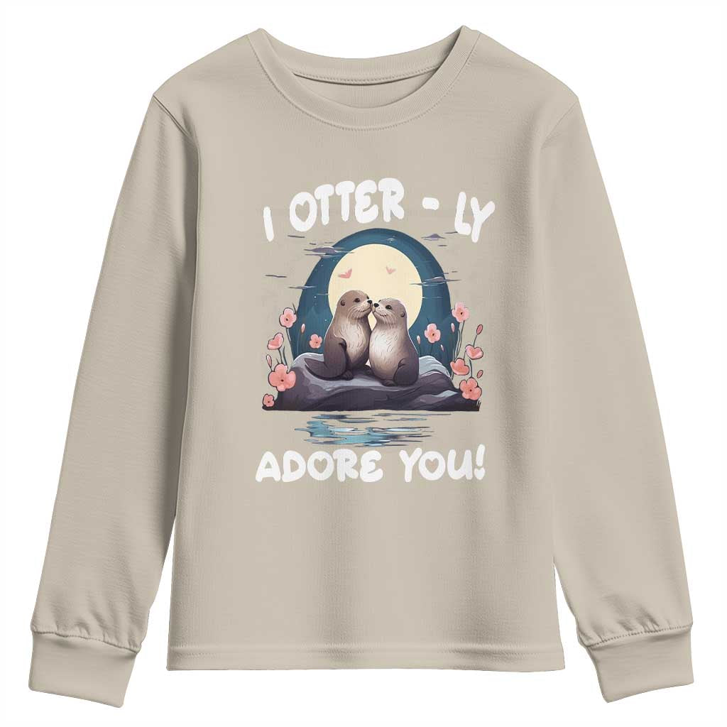 Valentine's Day Youth Sweatshirt I Otterly Adore You Cute Otter Holding Hand Kisses TS09 Sand Print Your Wear