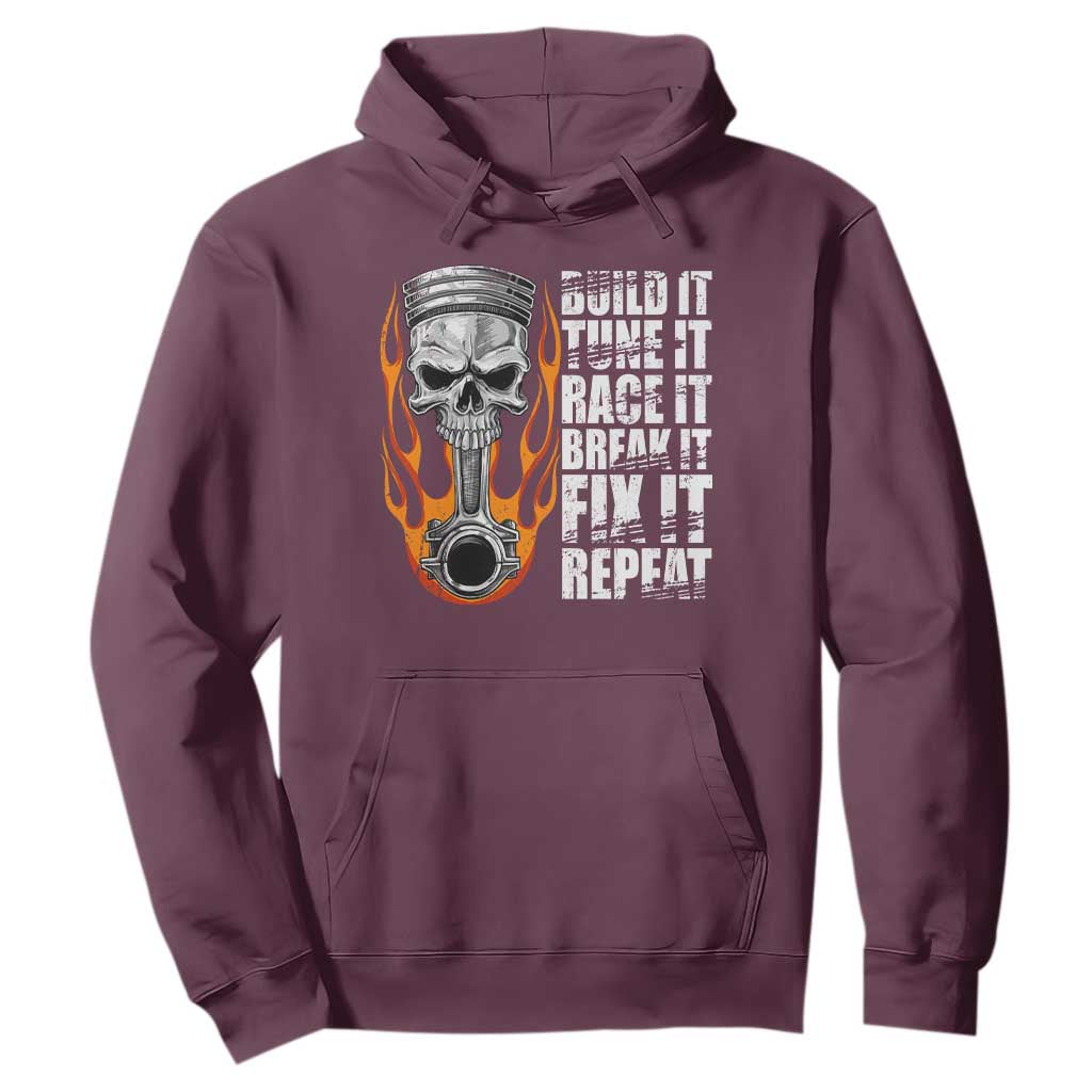 Racing Car Hoodie Build It Tune It Race It Break It TS09 Maroon Print Your Wear