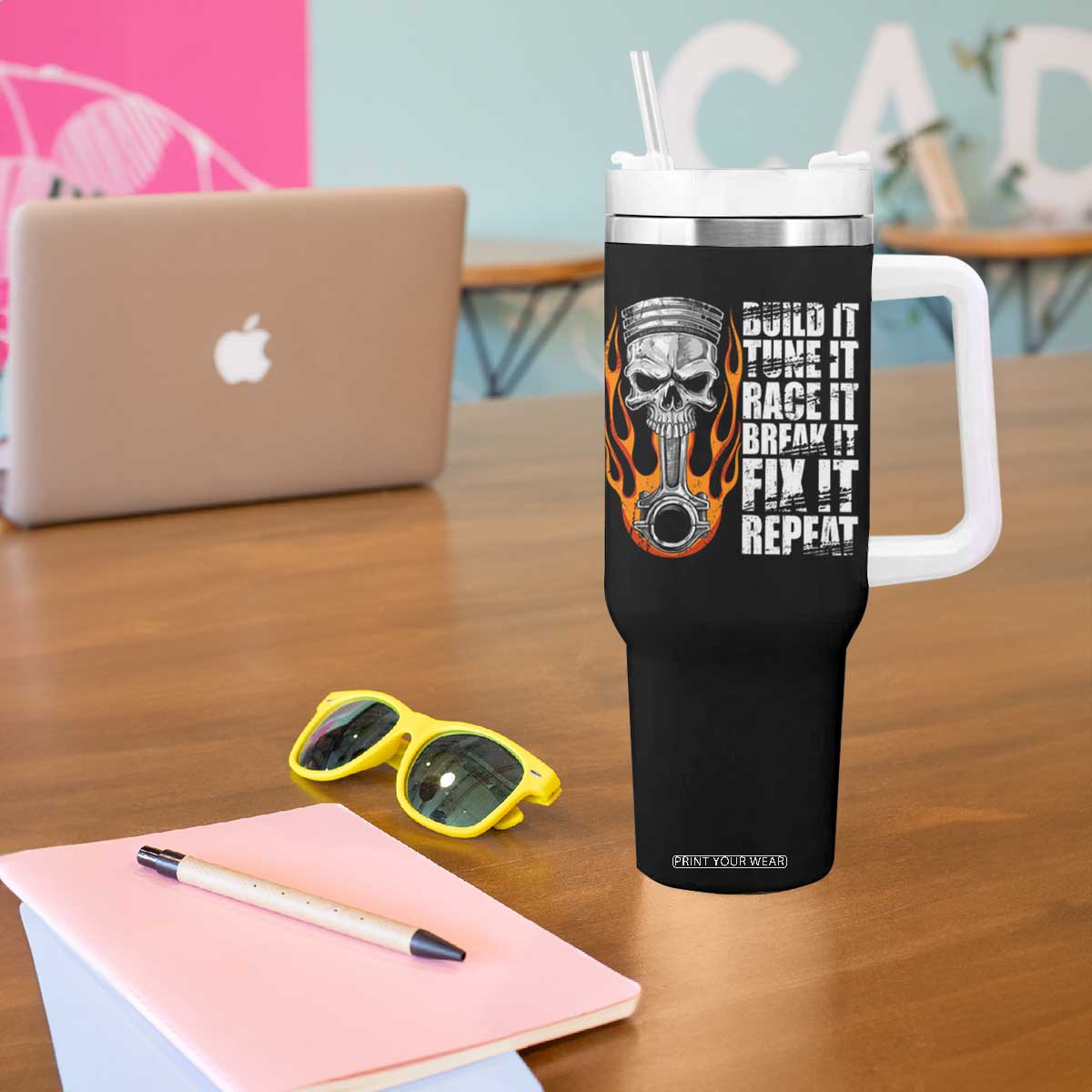 Racing Car Tumbler With Handle Build It Tune It Race It Break It TS09 Print Your Wear