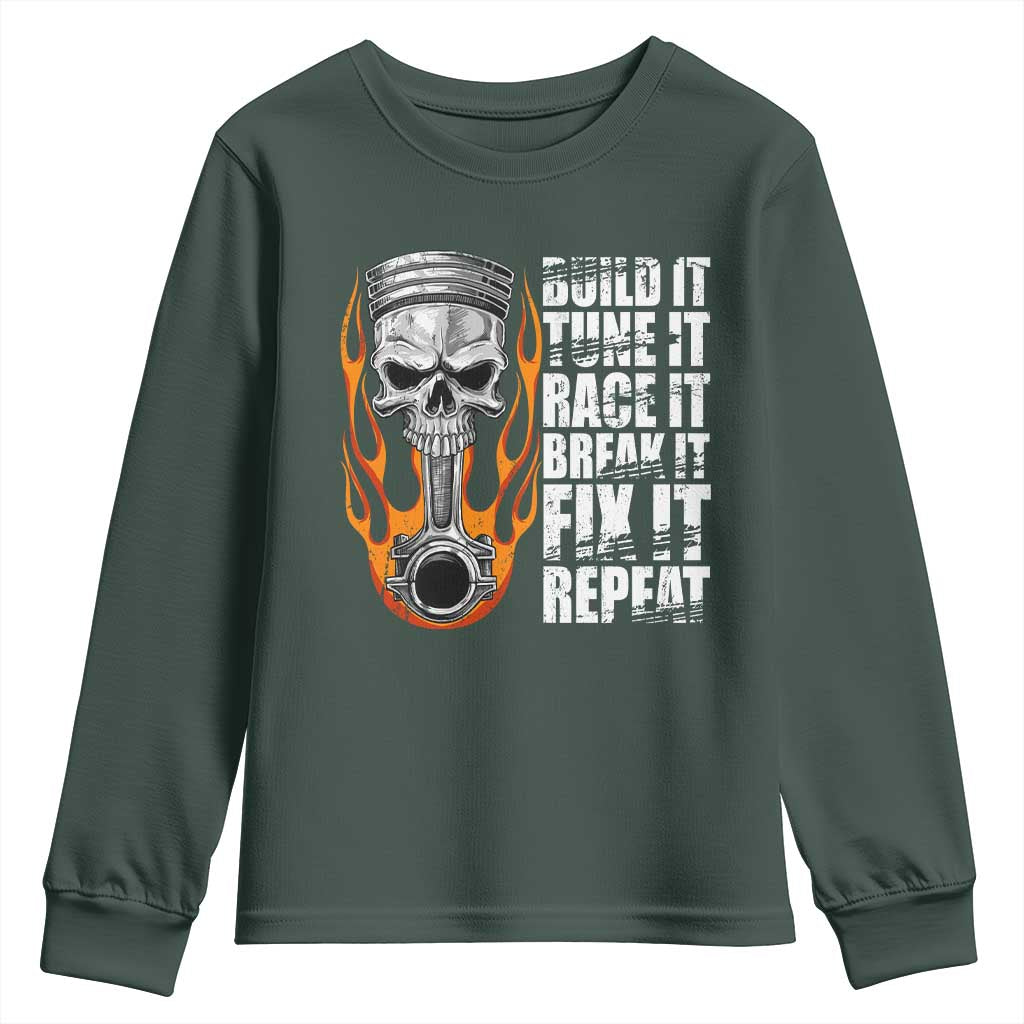 Racing Car Youth Sweatshirt Build It Tune It Race It Break It TS09 Dark Forest Green Print Your Wear