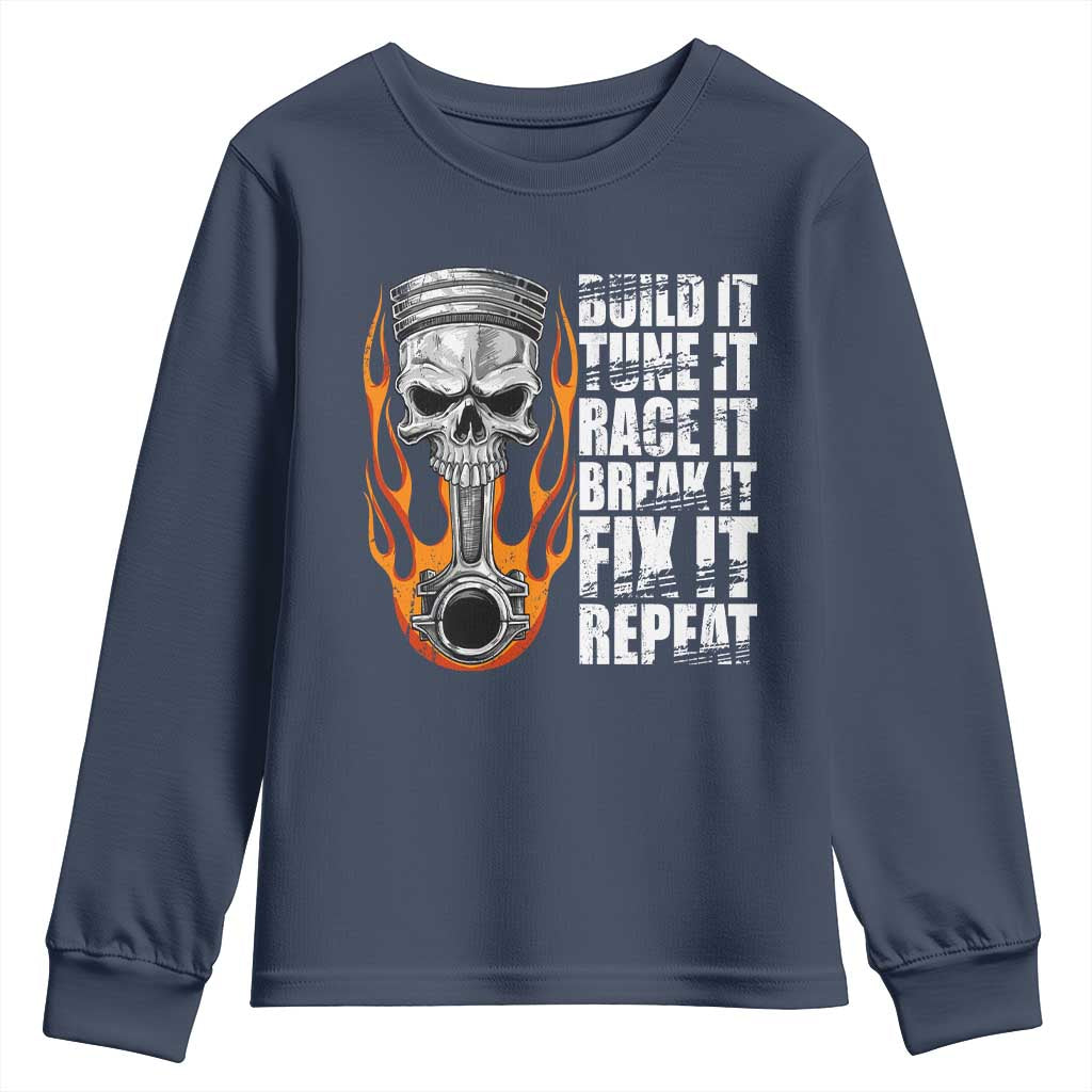 Racing Car Youth Sweatshirt Build It Tune It Race It Break It TS09 Navy Print Your Wear
