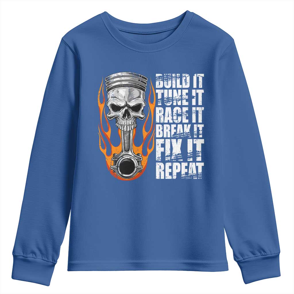 Racing Car Youth Sweatshirt Build It Tune It Race It Break It TS09 Royal Blue Print Your Wear