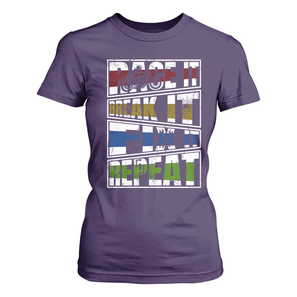 Racing T Shirt For Women Race It Break It Fix It Repeat Racer TS09 Purple Print Your Wear